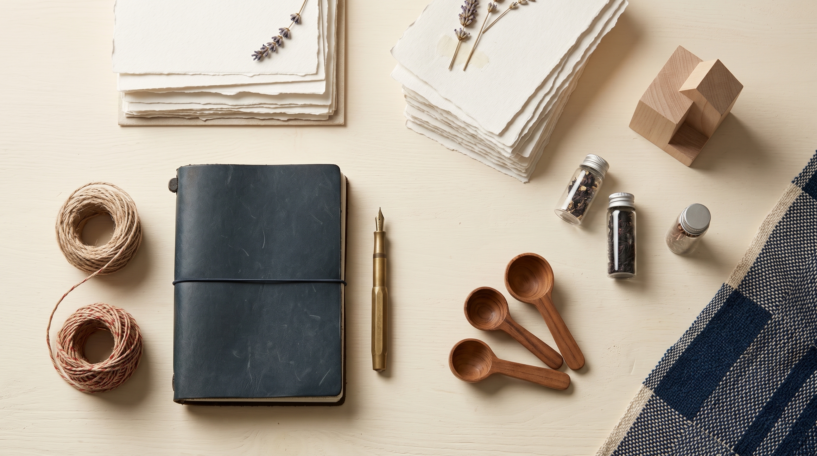 Editorial top-down still life on a warm cream surface — wood, neutral props, papers and tools that signal a brand-build incubation workspace.